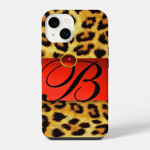 COQUE POUR iPhone 14 MONOGRAMME GEMME RUBIS ROUGE FOURRURE DE LÉOPARD I