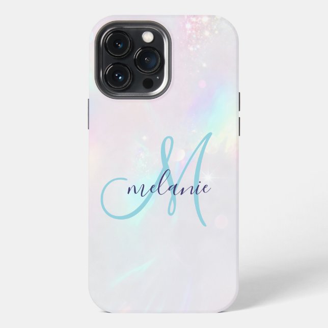 Coque iPhone Monogramme holographique iridescent chic (Verso)