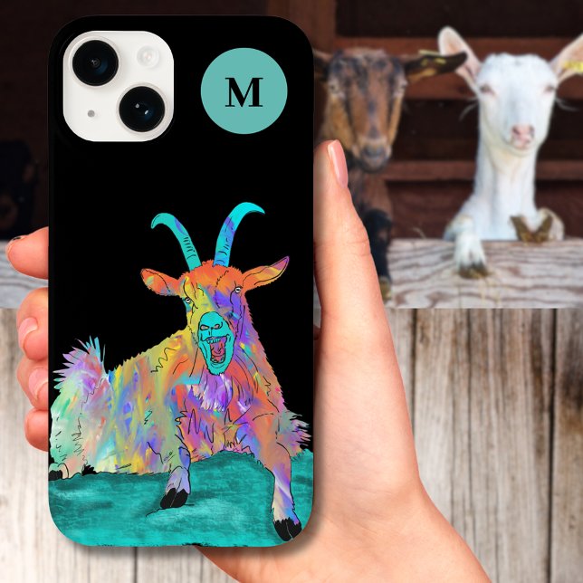 Coque iPhone Monogramme Initial de Chèvre Criante Drôle  (Funny screaming goat colorful farm animal illustration with monogram initial custom iPhone case)