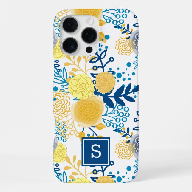 Coque iPhone Monogramme Initial Floral Jaune et Bleu (Verso)