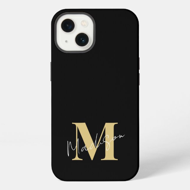 Coque iPhone Monogramme initial minimal moderne en or noir (Verso)