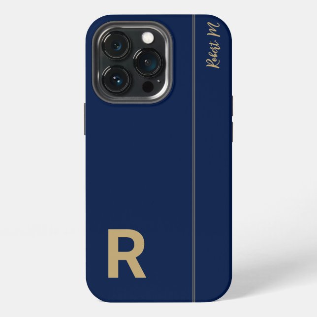 Coque iPhone Monogramme Initial Minimal Moderne Navy et Or (Dos)