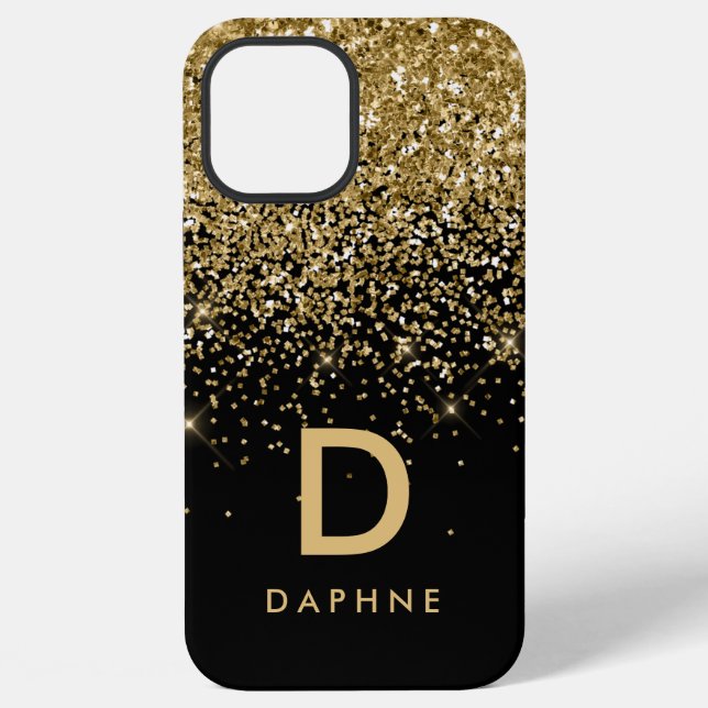 Coque iPhone Monogramme initial moderne noir et or pailleté (Verso)