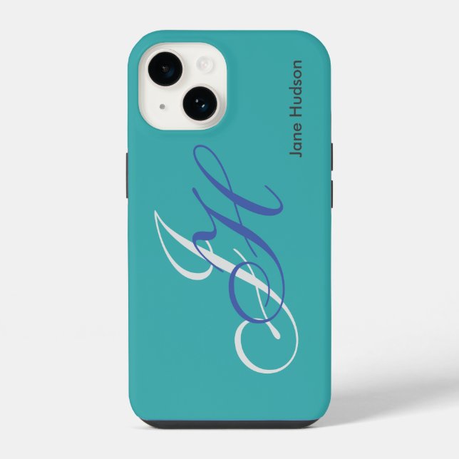 Coque iPhone Monogramme initial nom bleu simple uni (Verso)