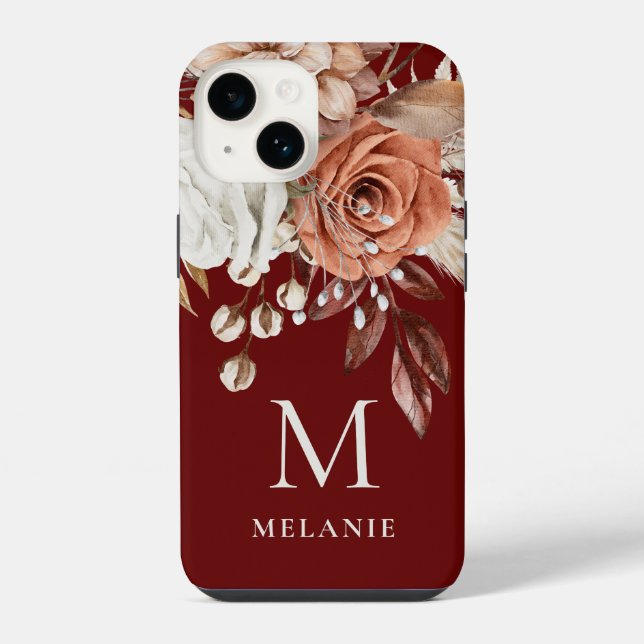 Coque iPhone Monogramme Initial Nom Fleurs Terracotta Bordeaux (Verso)