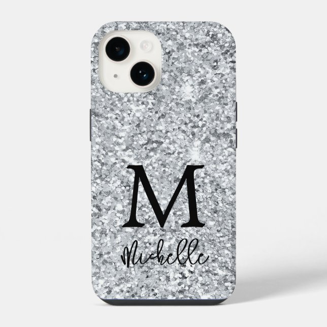 Coque iPhone Monogramme Initial Nom Paillettes Argent Tendance (Verso)