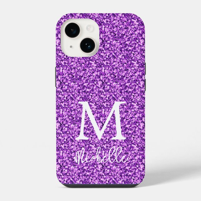 Coque iPhone Monogramme initial nom paillettes violet tendance (Verso)