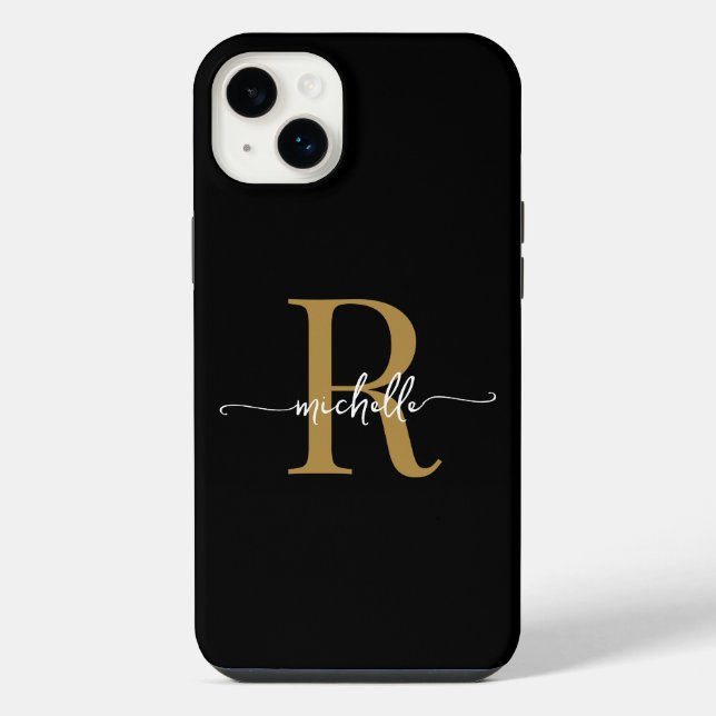 Coque iPhone Monogramme Initiale De Style Moderne Noir Or Scrip (Verso)