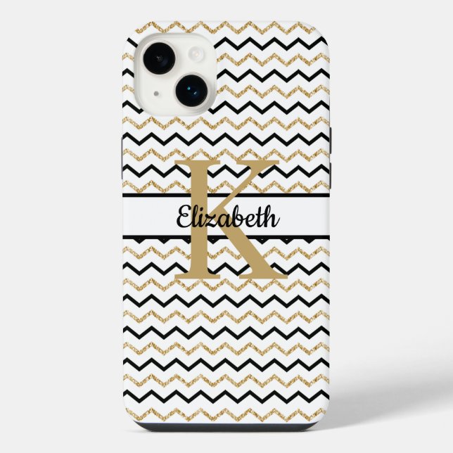 Coque iPhone Monogramme Initiale du Nom Noir Or Chevron Zig Zag (Verso)