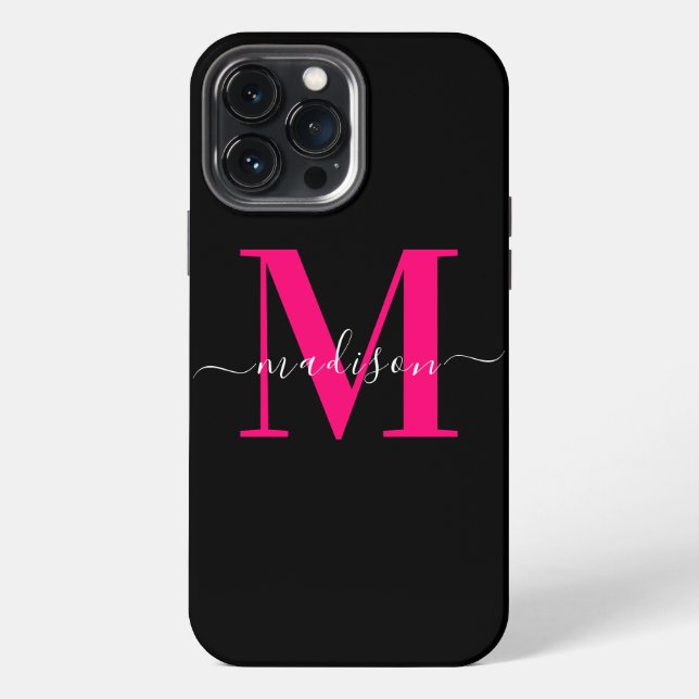Coque iPhone Monogramme Initiale Rose Chaud Gras Noir Élégant  (Verso)