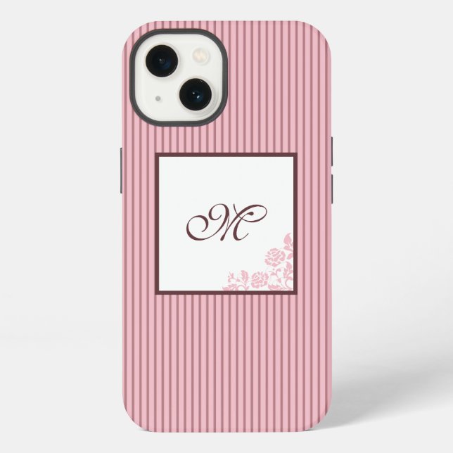 Coque iPhone Monogramme Initiale Script Lace Rose à Rayure Rose (Verso)