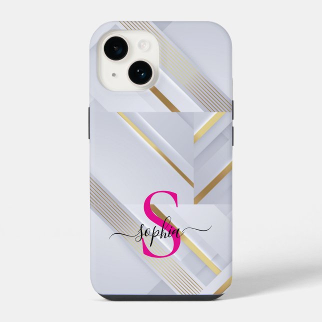 Coque iPhone monogramme lignes dorées marbre blanc (Verso)