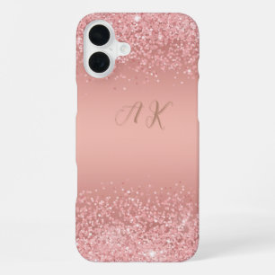 Coque iPhone 16 Plus Monogramme Luxueux Shimmer Rose Doré Élégant
