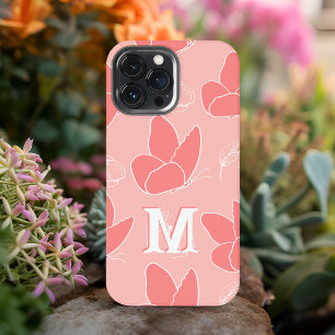 Etui iPhone 13 Pro Max Monogramme M Coral moderne Motif papillon rose