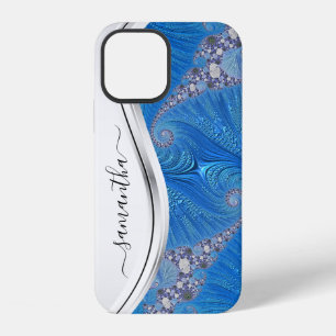Coque iPhone 12 Monogramme manuscrit en métal blanc bleu
