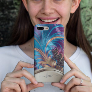 Coque iPhone 12 Monogramme manuscrit Fractal Blue Gold