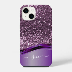 Coque Pour iPhone 14 Monogramme manuscrit Parties scintillant violet Lo