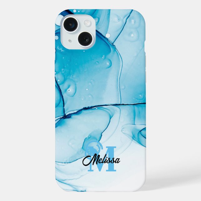 Coque iPhone Monogramme marbré bleu moderne (Verso)