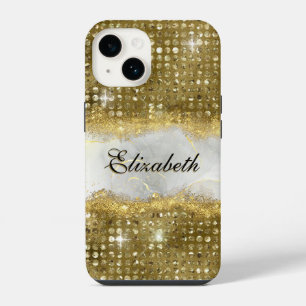 Coque Pour iPhone 14 Monogramme Marbre Paillettes Or Faux Moderne