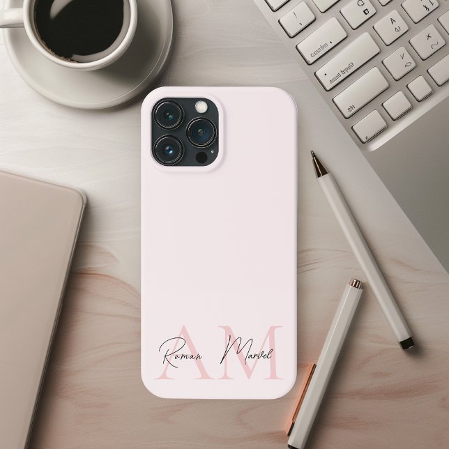 Coque iPhone Monogramme minimal initial et nom Pastel rose (Créateur téléchargé)