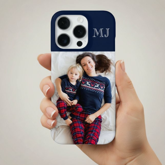 Coque iPhone Monogramme Moderne 1 Photo Bleu Marine (Créateur téléchargé)