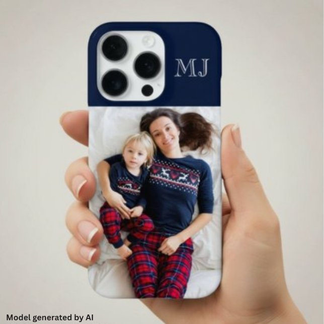 Coque iPhone Monogramme Moderne 1 Photo Bleu Marine (Créateur téléchargé)