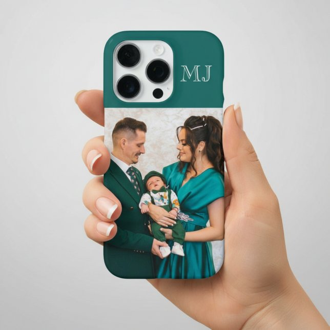 Coque iPhone Monogramme Moderne 1 Photo Vert Sarcelle (Créateur téléchargé)