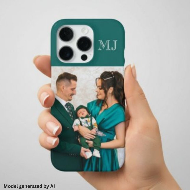 Coque iPhone Monogramme Moderne 1 Photo Vert Sarcelle (Créateur téléchargé)