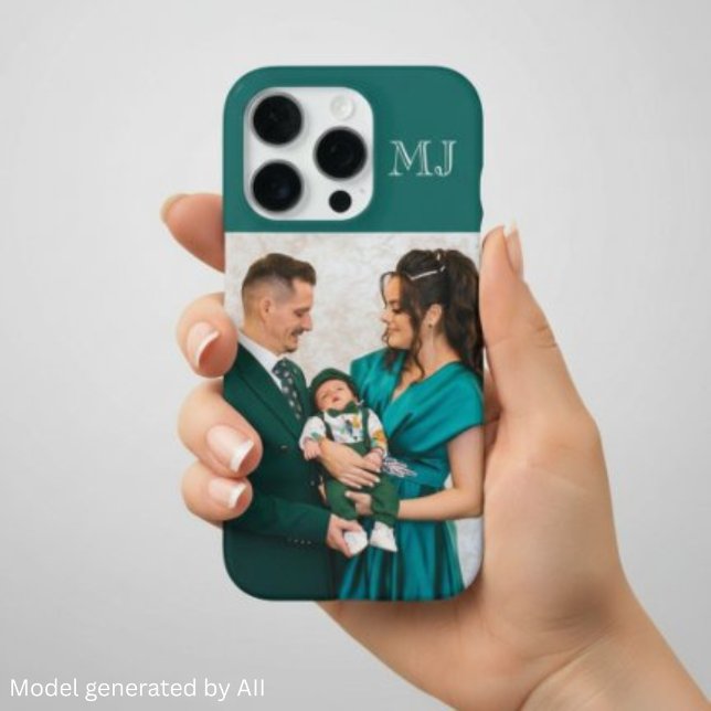 Coque iPhone Monogramme Moderne 1 Photo Vert Sarcelle (Créateur téléchargé)