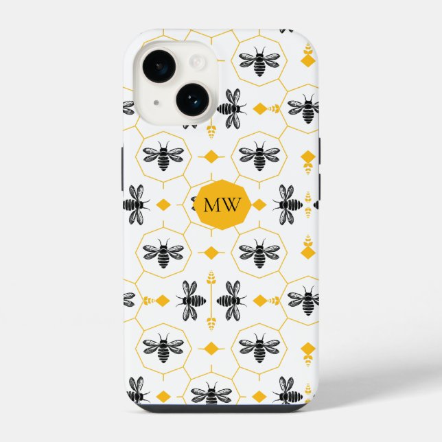 Coque iPhone Monogramme moderne Bee Motif jaune Honeycomb chic (Verso)