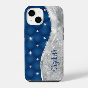 Coque Pour iPhone 14 Monogramme moderne bleu royal et paillettes argent