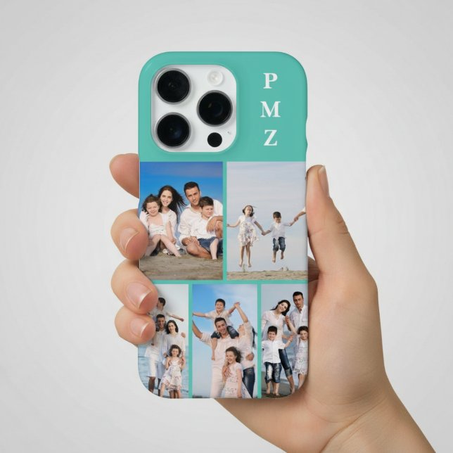 Coque iPhone Monogramme Moderne Collage de 5 Photos Bleu Aqua T (Créateur téléchargé)