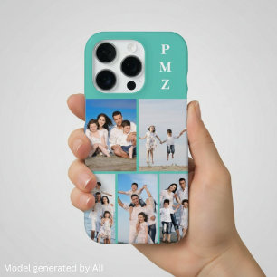 Coque iPhone 16 Pro Monogramme Moderne Collage de 5 Photos Bleu Aqua T