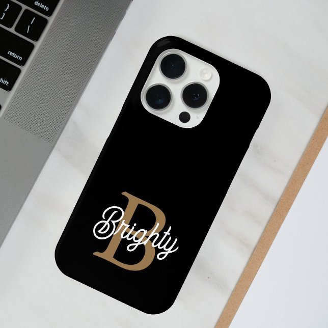 Coque iPhone Monogramme moderne élégant Nom Black Gold Script (Créateur téléchargé)