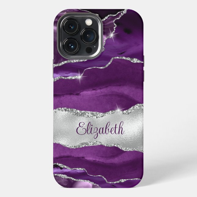 Coque iPhone Monogramme Moderne en Agate Violette et Argentée (Verso)