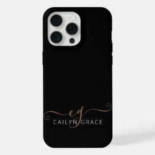 Coque iPhone 15 Pro Max Monogramme moderne féminin écriture or noir