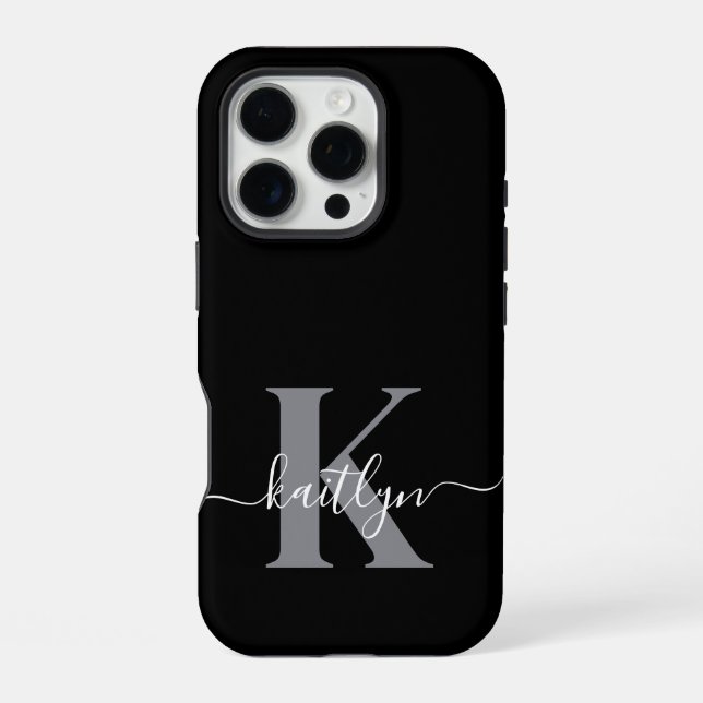 Coque iPhone Monogramme moderne gris noir script (Verso)