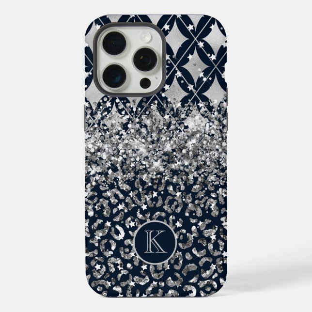 Coque iPhone Monogramme Moderne Imprimé Léopard Paillettes Pers (Verso)