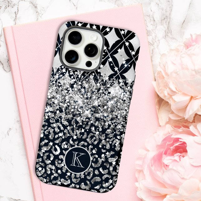 Coque iPhone Monogramme Moderne Imprimé Léopard Paillettes Pers (Créateur téléchargé)