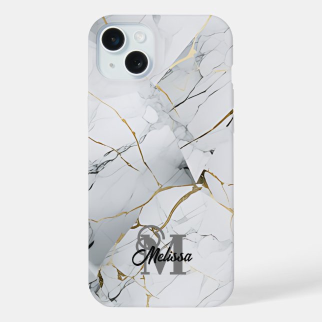 Coque iPhone monogramme moderne marbré blanc et or (Verso)