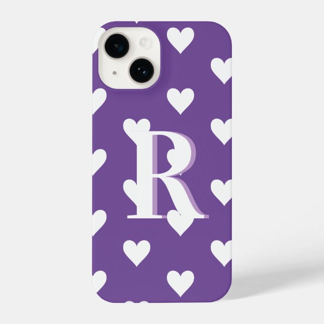 Coque iPhone Monogramme moderne Motif de coeur violet blanc (Verso)
