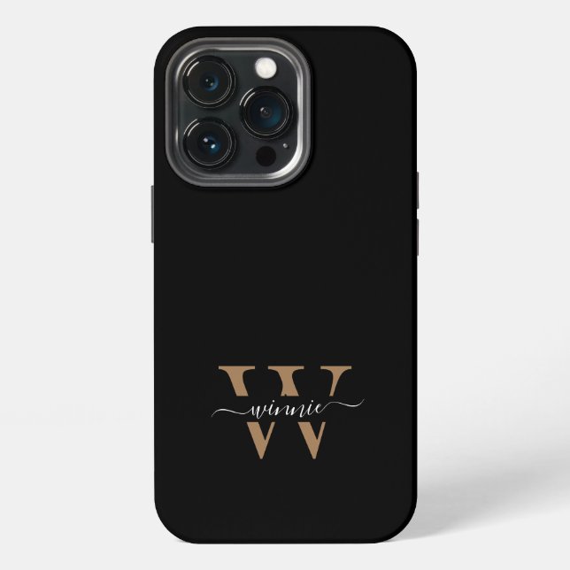 Coque iPhone Monogramme Moderne Nom en écriture cursive Or Noir (Dos)