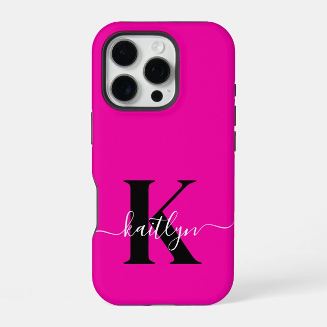 Coque iPhone Monogramme moderne rose vif noir (Verso)