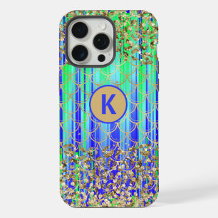 Coque iPhone 15 Pro Max Monogramme Moderne Sirène Paillettes Vert Bleu