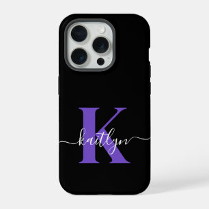 Coque iPhone 15 Pro Monogramme Moderne Violet Noir Script
