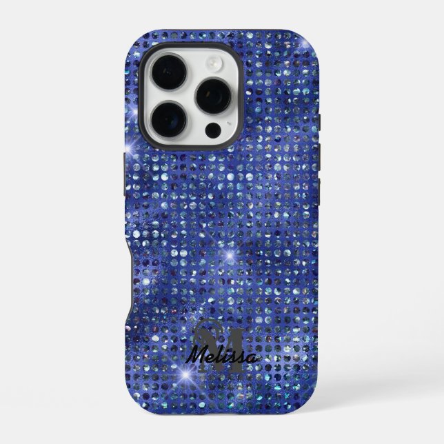 Coque iPhone Monogramme Motif doré bleu moderne (Verso)
