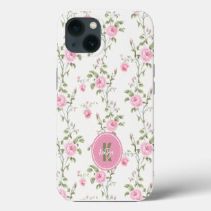 Etui iPhone 13 Monogramme Motif Fleurs Roses Roses Élégantes