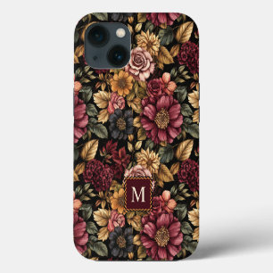 Etui iPhone 13 Monogramme motif floral Bourgogne