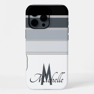 Coque iPhone 16 Pro Max monogramme motif rayure monochromatique stylé des