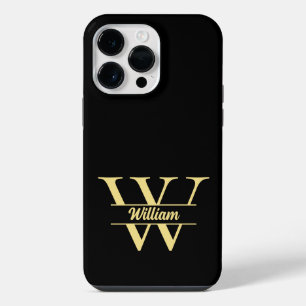 Coque Pour Pour iPhone 14 Pro Max Monogramme Noir et Or Écriture Initiale Élégant